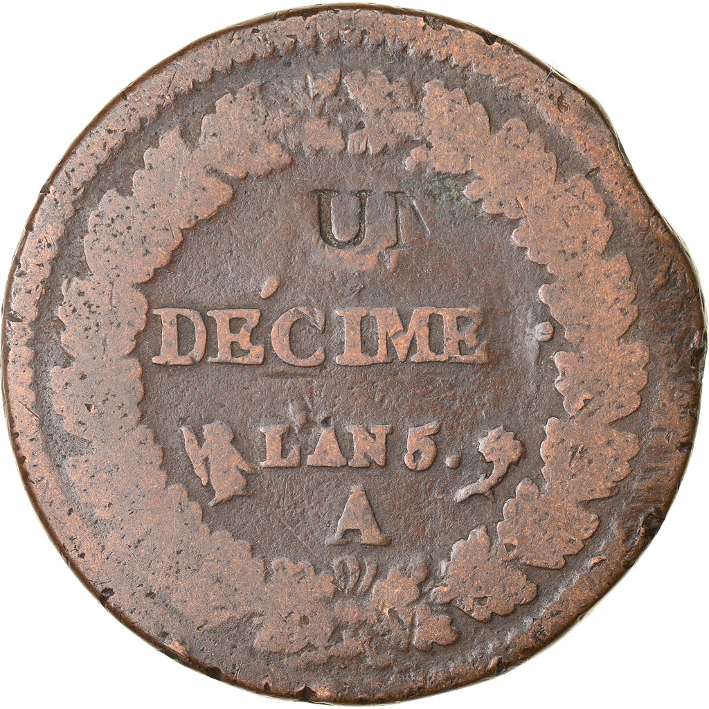 Coin, France, Decime, AN 5, Paris, Modification du 2 décimes, VF(20-25)