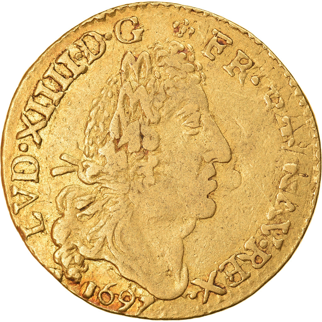 Moneta, Francia, Louis XIV, Louis d'or aux 4 L, Louis d'Or, 1697, Dijon, Rare