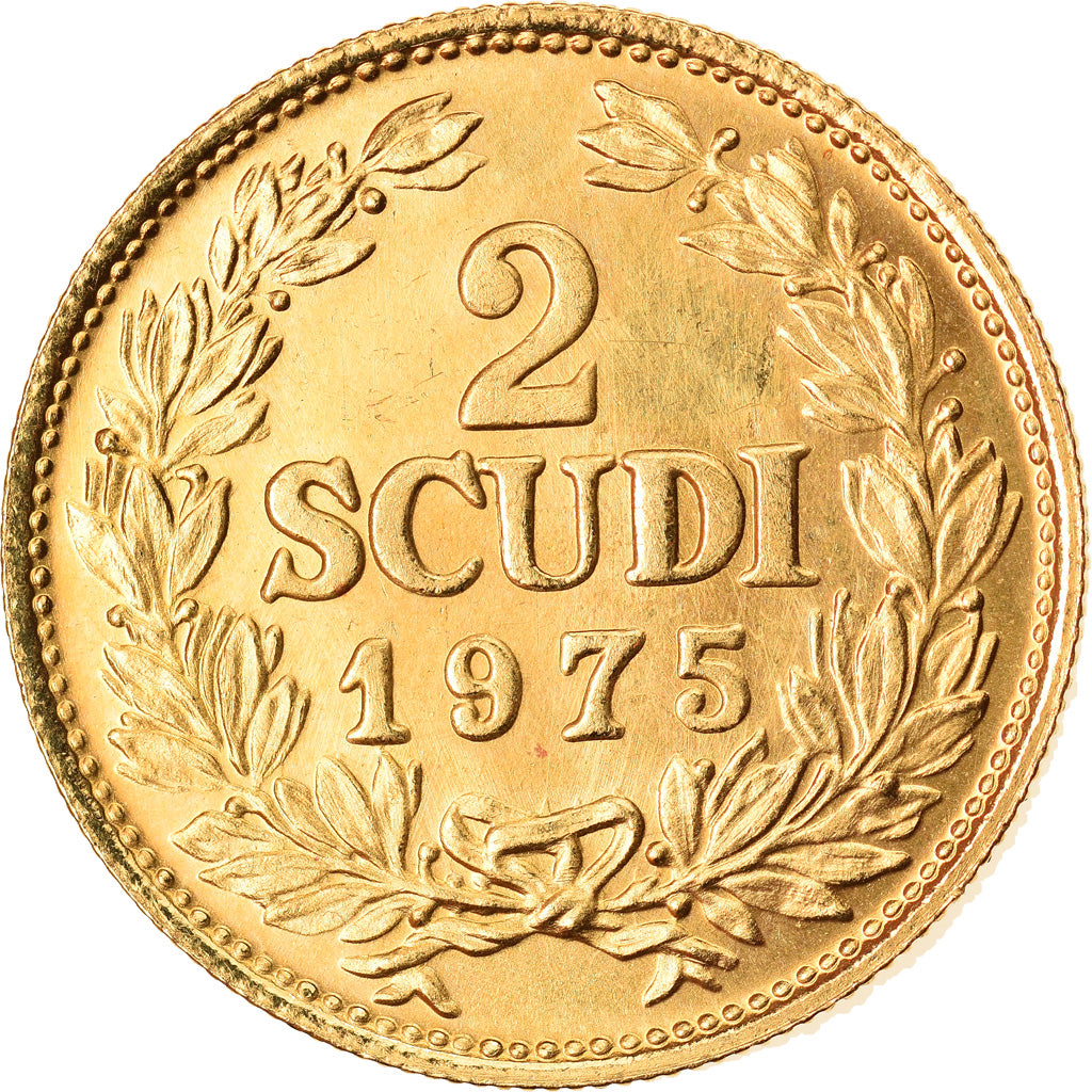 Coin, San Marino, 2 Scudi, 1975, Rome, MS(63), Gold, KM:50