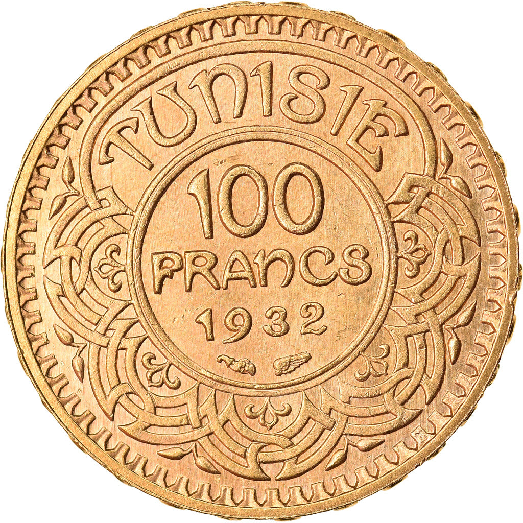 Coin, Tunisia, Ahmad Pasha Bey, 100 Francs, 1932, Paris, MS(60-62), Gold, KM:257