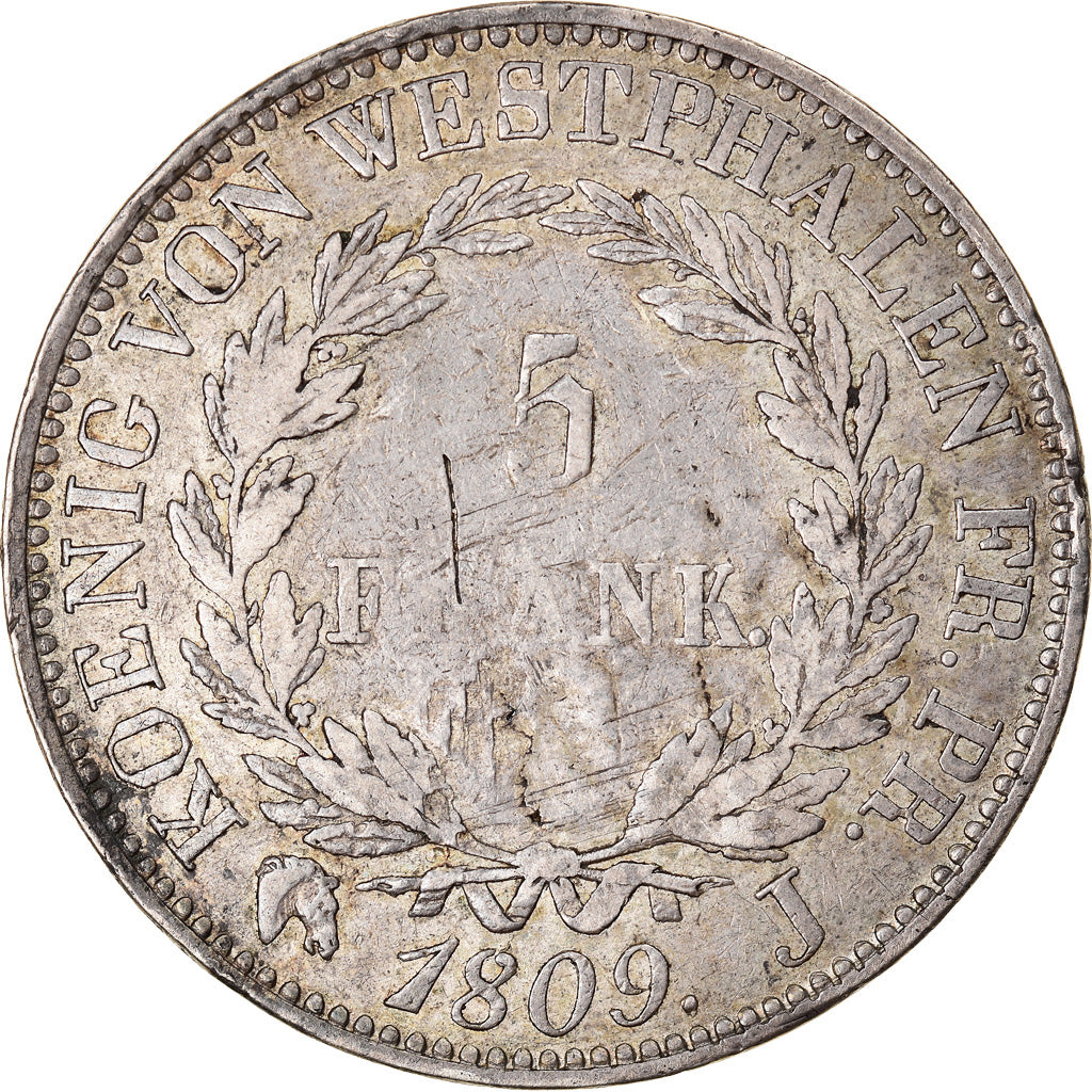 Coin, German States, WESTPHALIA, Jerome, 5 Franken, 1809, Cassel, VF(30-35)