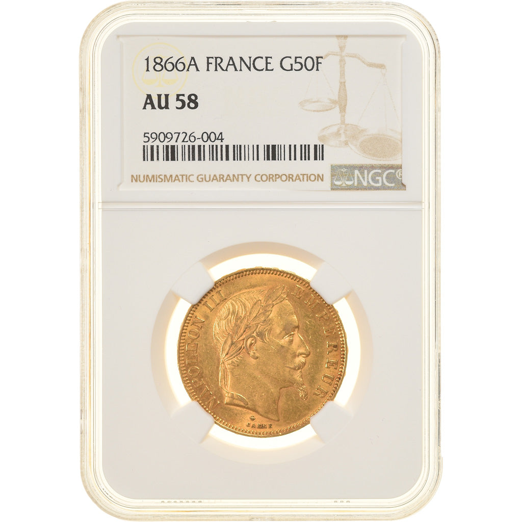 Coin, France, Napoleon III, 50 Francs, 1866, Paris, NGC, AU58, AU(55-58), Gold