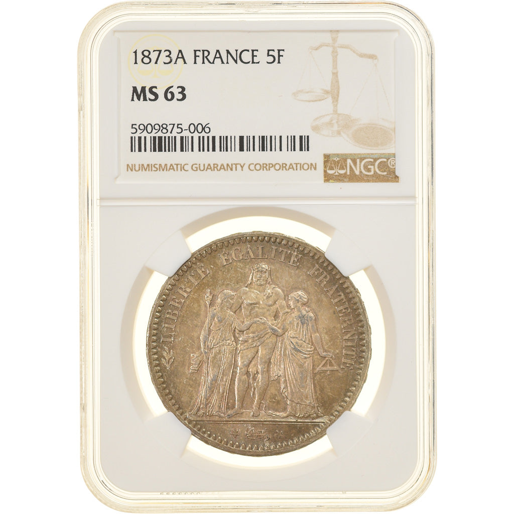 Munten, Frankrijk, Hercule, 5 Francs, 1873, Paris, NGC, MS63, UNC-, Zilver