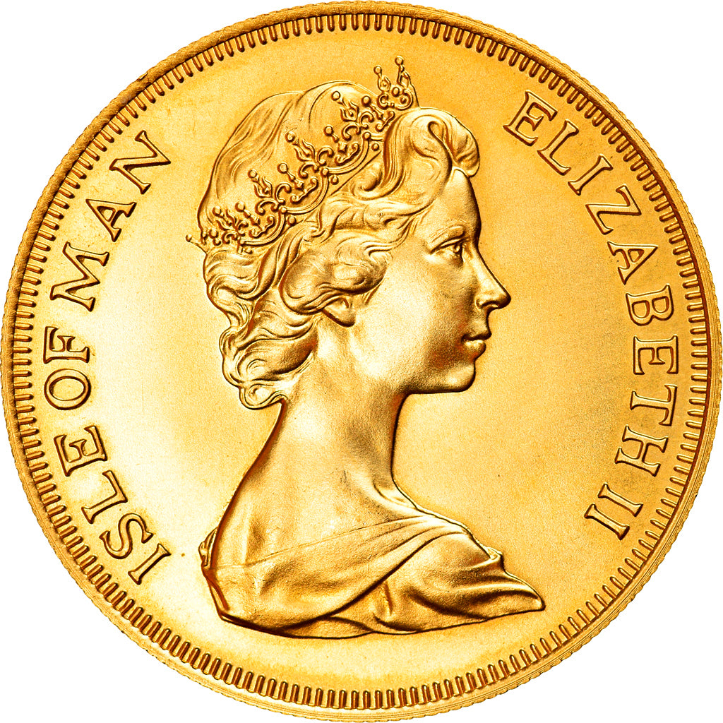 Moeda, Ilha de Man, Elizabeth II, 5 Pounds, 1973, MS(65-70), Dourado, KM:29