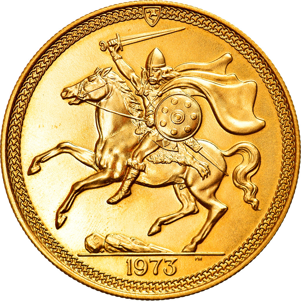 Moeda, Ilha de Man, Elizabeth II, 5 Pounds, 1973, MS(65-70), Dourado, KM:29