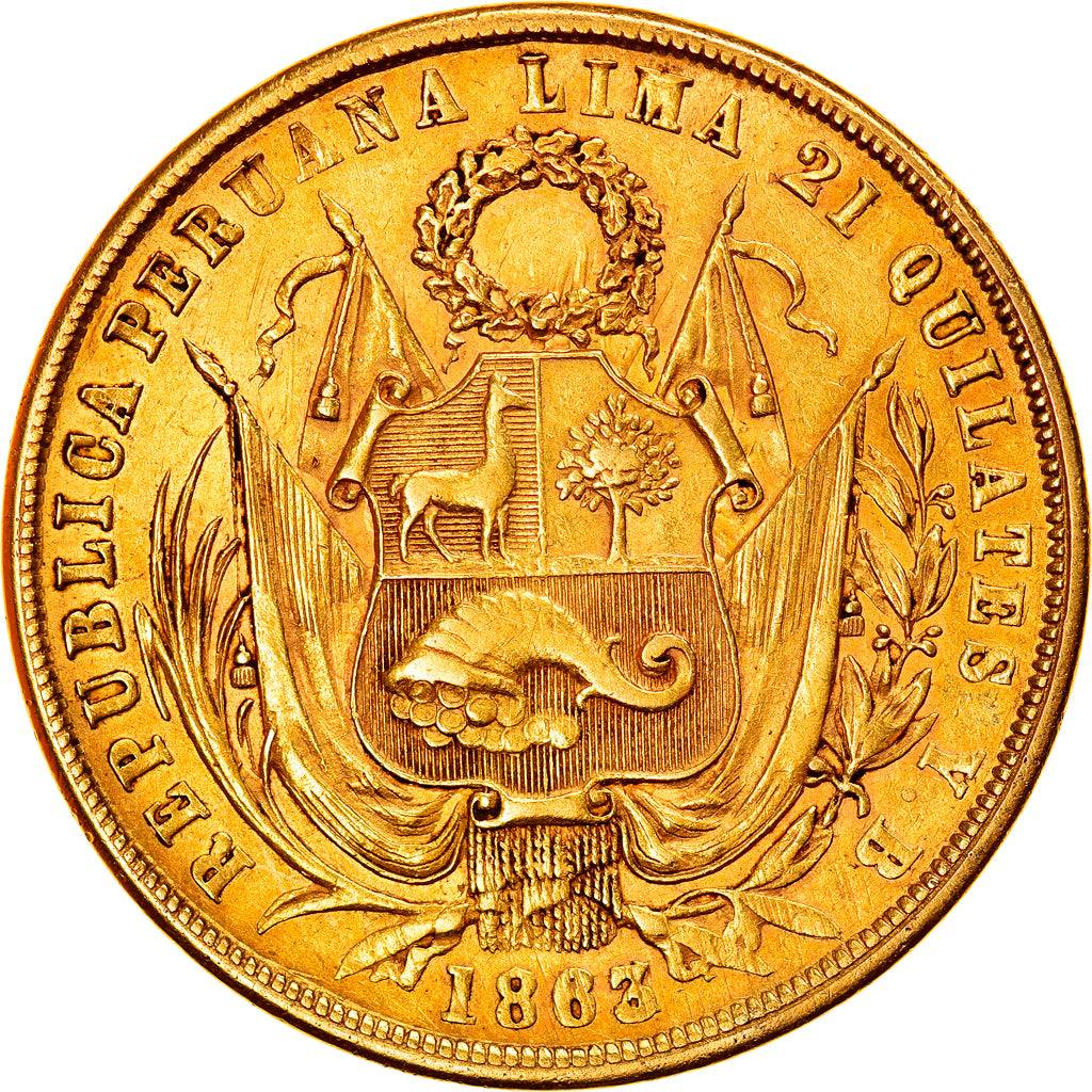 Moneda, Perú, SOUTH PERU, 8 Escudos, 1863, Lima, MBC, Oro, KM:183
