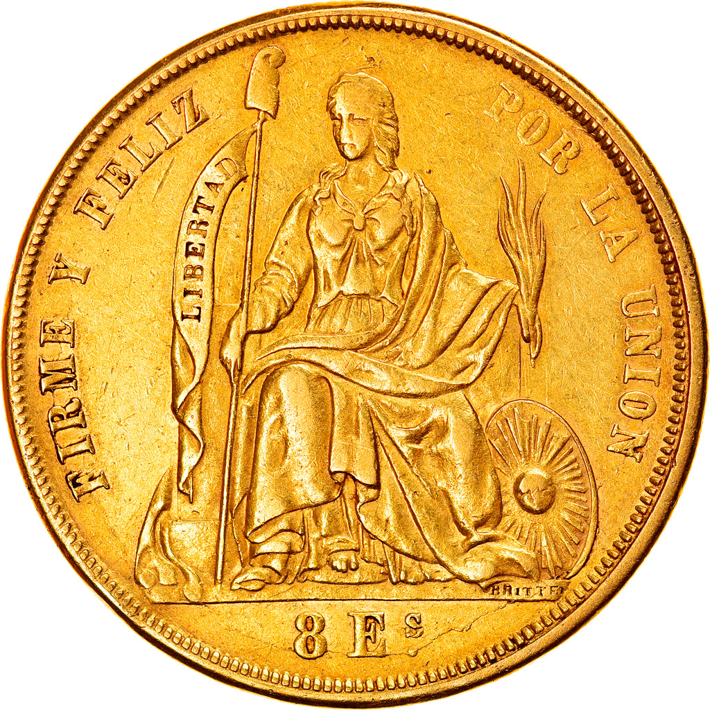 Moneda, Perú, SOUTH PERU, 8 Escudos, 1863, Lima, MBC, Oro, KM:183