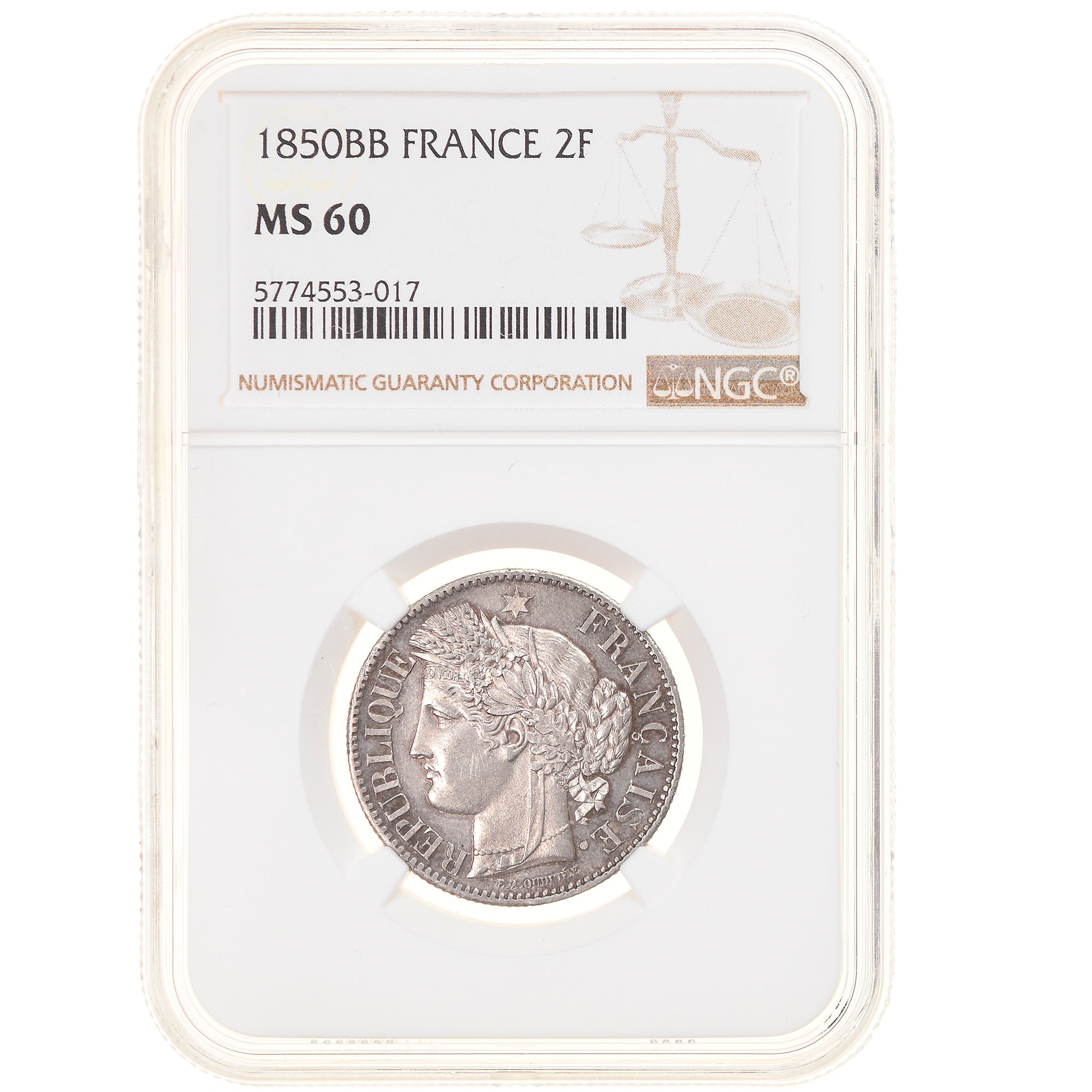 Moneta, Francia, Cérès, 2 Francs, 1850, Strasbourg, NGC, MS60, SPL, Argento