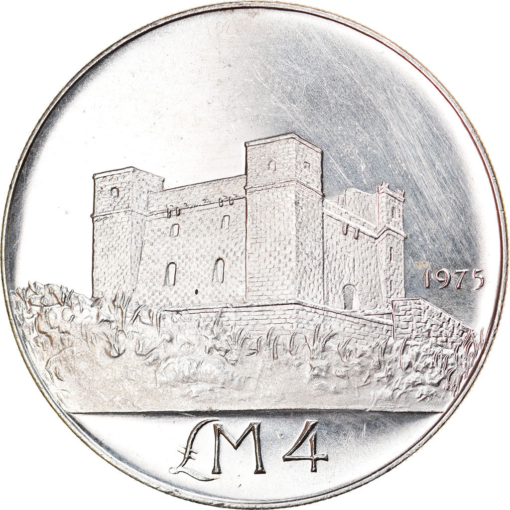 Malta, 4 Pounds, 1975, AU(50-53), Silver, KM:33