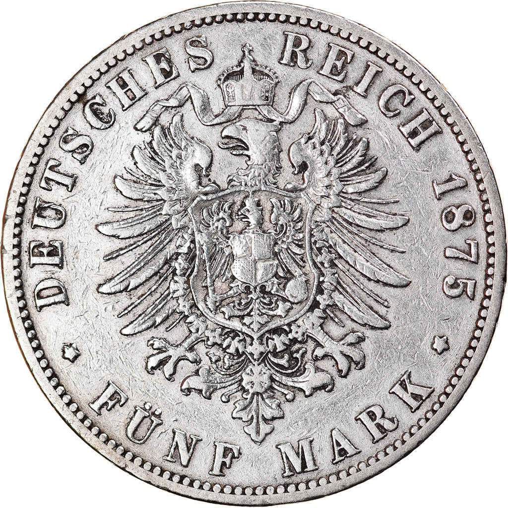 Münze, Deutsch Staaten, PRUSSIA, Wilhelm I, 5 Mark, 1875, Breslau, S+, Silber