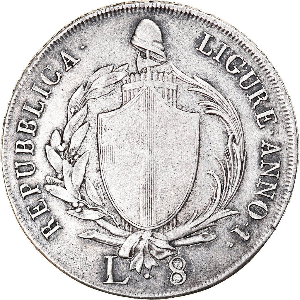 Coin, ITALIAN STATES, GENOA, 8 Lire, 1798, Genoa, Rare, VF(30-35), Silver