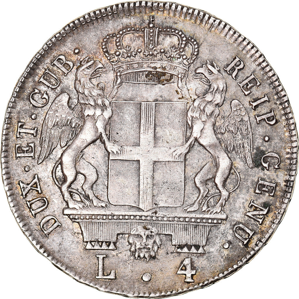 Coin, ITALIAN STATES, GENOA, 4 Lire, 1795, Genoa, EF(40-45), Silver, KM:248