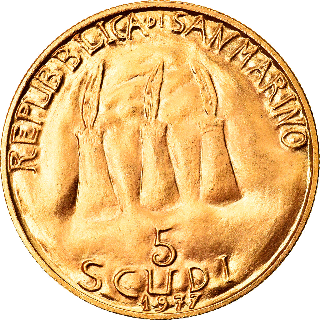 Coin, San Marino, 5 Scudi, 1977, Rome, MS(65-70), Gold, KM:75