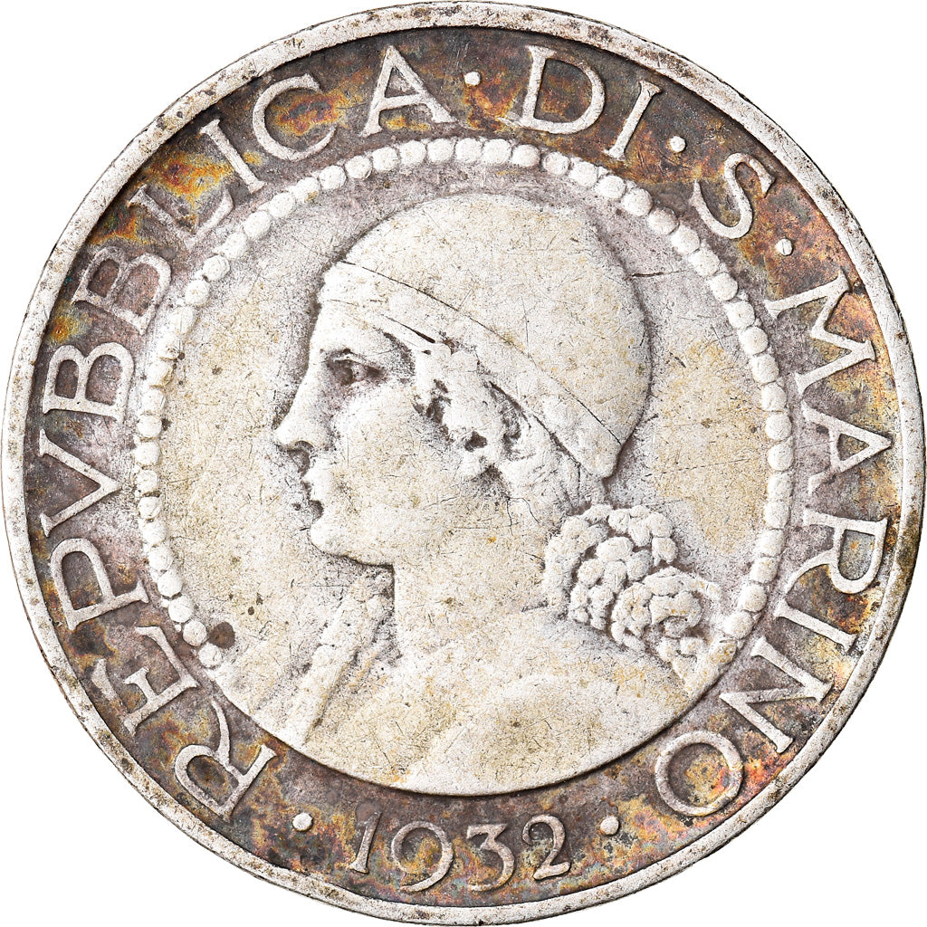 Coin, San Marino, 5 Lire, 1932, Rome, VF(30-35), Silver, KM:9