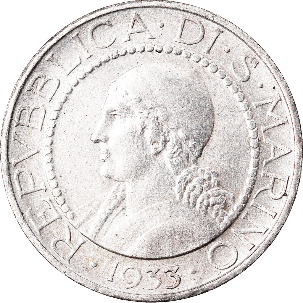 Moneta, San Marino, 5 Lire, 1933, Rome, AU(50-53), Srebro, KM:9