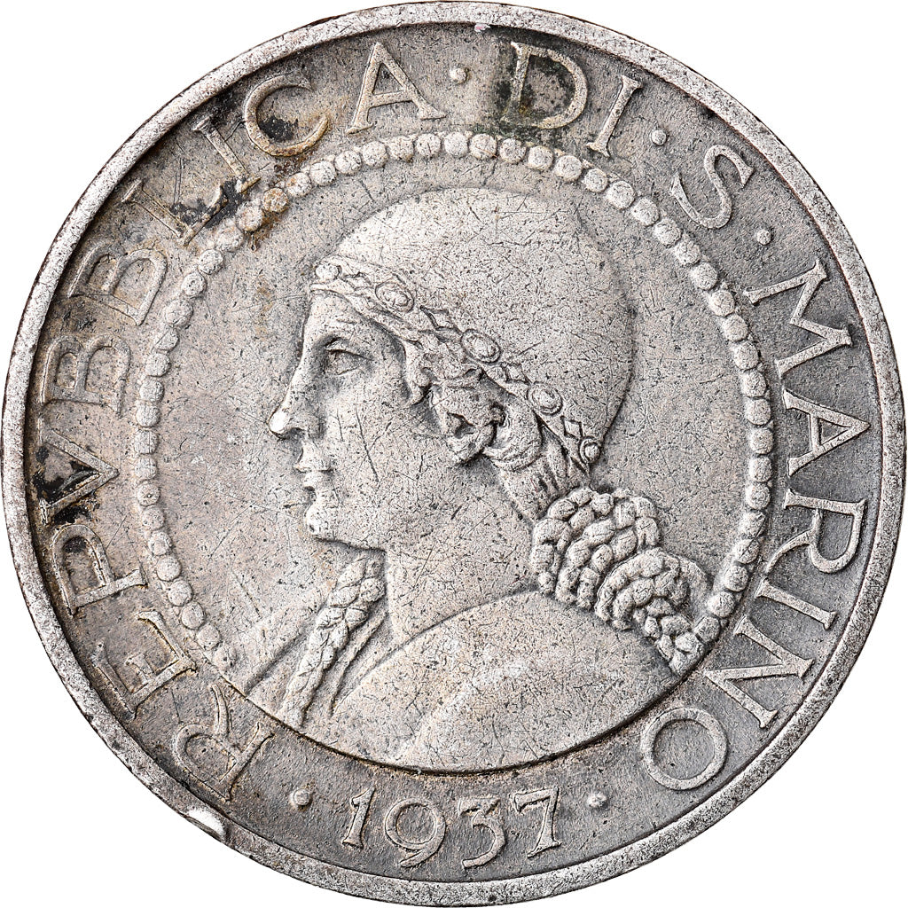 Moneda, San Marino, 5 Lire, 1937, Rome, MBC+, Plata, KM:9