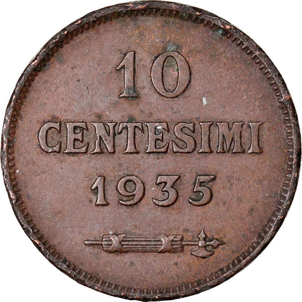 Moeda, San Marino, 10 Centesimi, 1935, Rome, EF(40-45), Bronze, KM:13