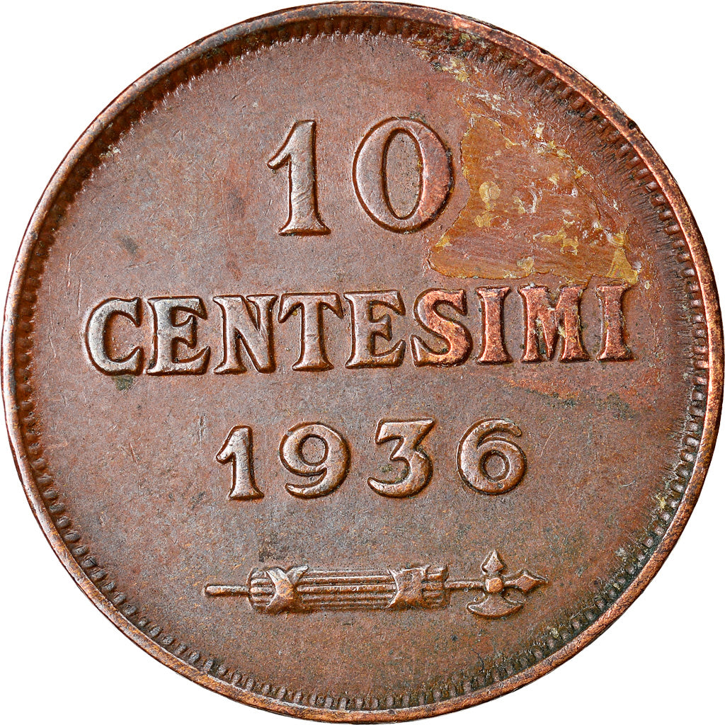 Moeda, San Marino, 10 Centesimi, 1936, Rome, AU(50-53), Bronze, KM:13