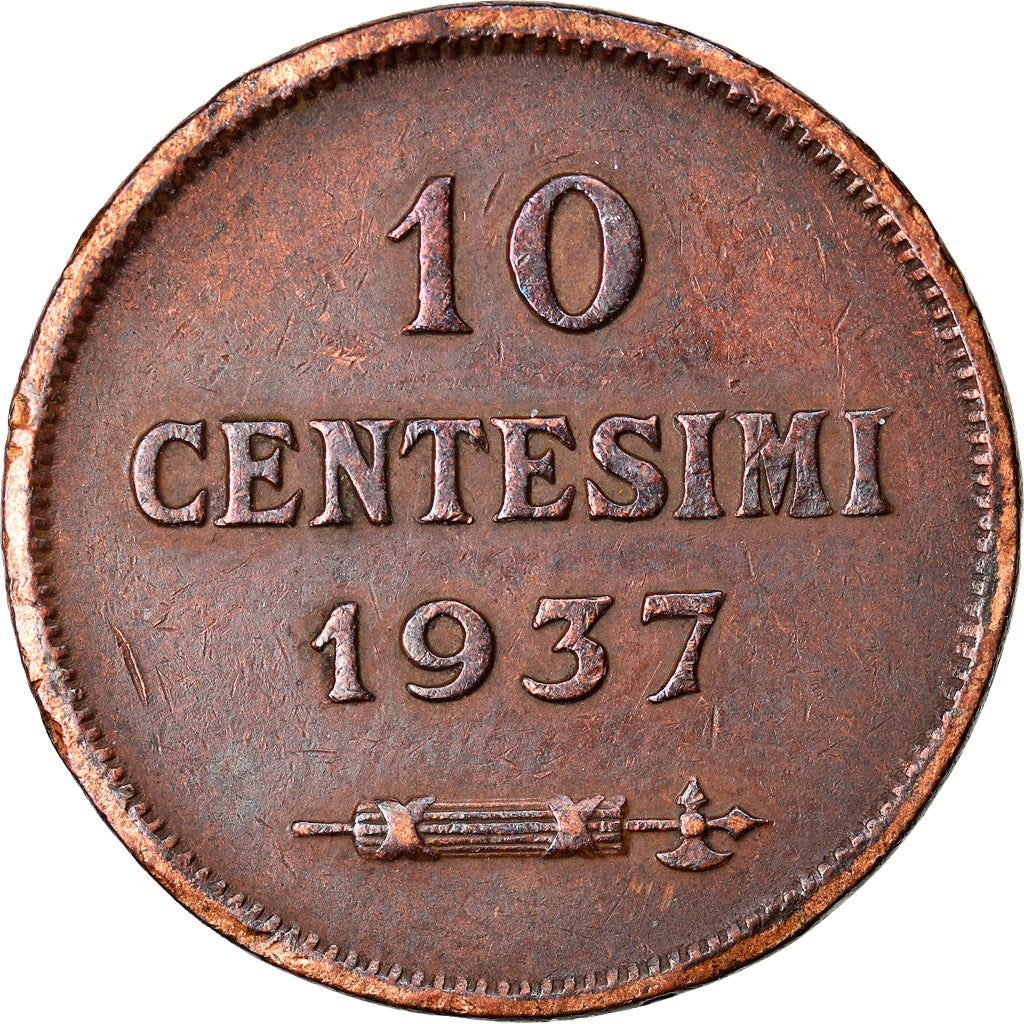Moneda, San Marino, 10 Centesimi, 1937, Rome, MBC+, Bronce, KM:13