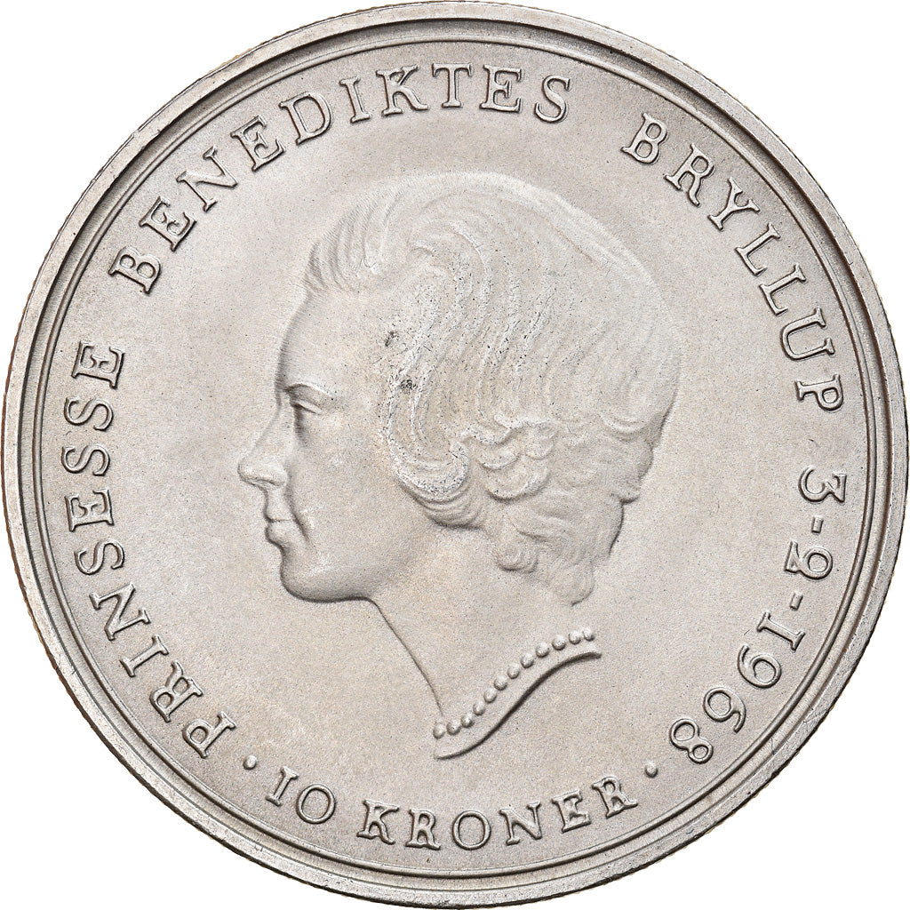 Coin, Denmark, Frederik IX, 10 Kroner, 1968, Copenhagen, MS(63), Silver, KM:857