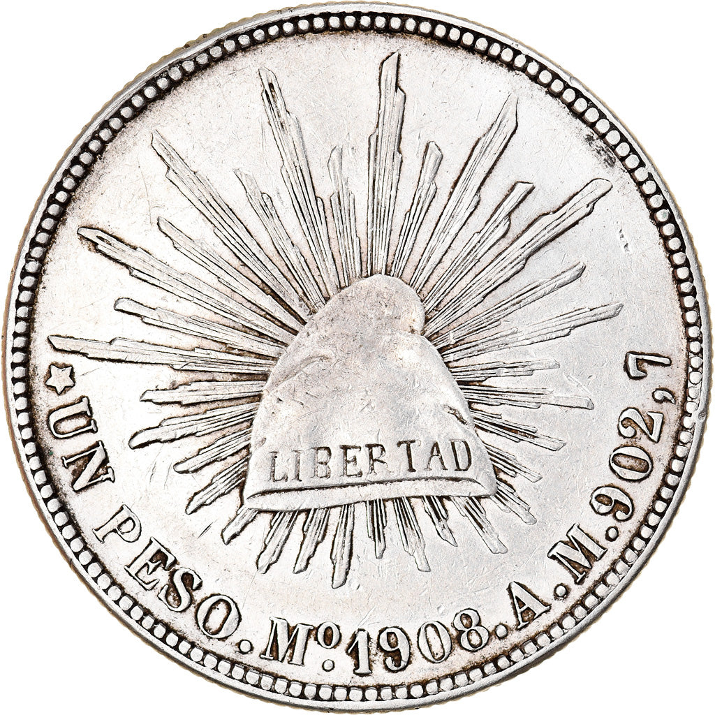 Coin, Mexico, Peso, 1908, Mexico City, AU(50-53), Silver, KM:409.2