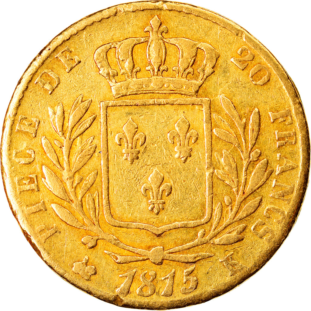 Moneta, Francja, Louis XVIII, 20 Francs, 1815, Bordeaux, VF(30-35), Złoto
