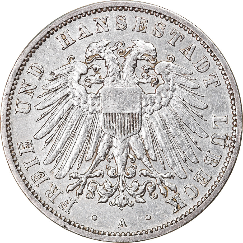 Coin, German States, LUBECK, 3 Mark, 1909, Berlin, EF(40-45), Silver, KM:215