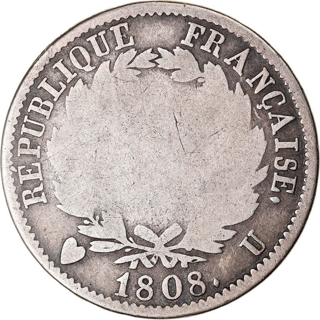 Moneta, Francia, Napoléon I, Franc, 1808, Torino, Very rare, B+, Argento