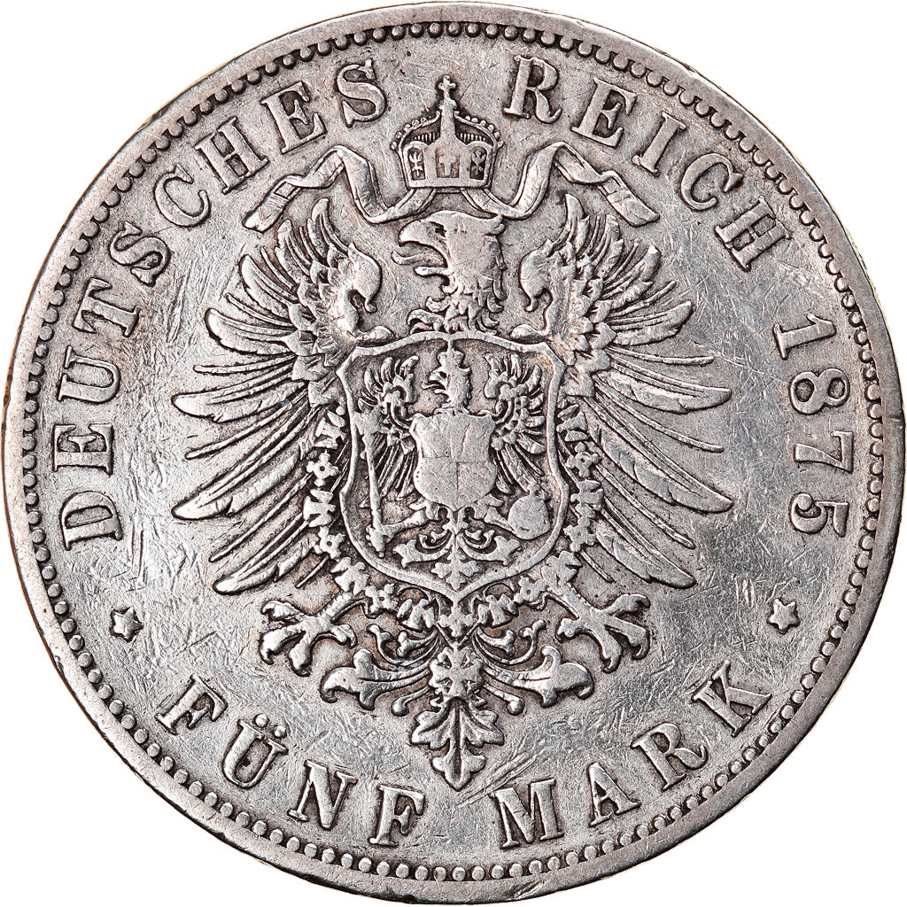 Moneda, Estados alemanes, PRUSSIA, Wilhelm I, 5 Mark, 1875, Breslau, BC+, Plata
