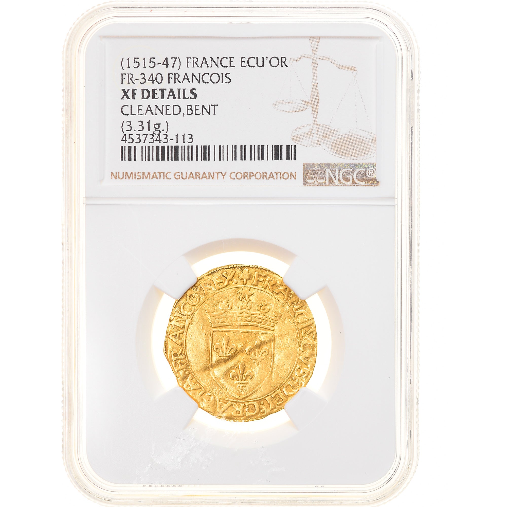 Moneda, Francia, François Ier, Écu d'or, Toulouse, 5th type, BC+, Oro