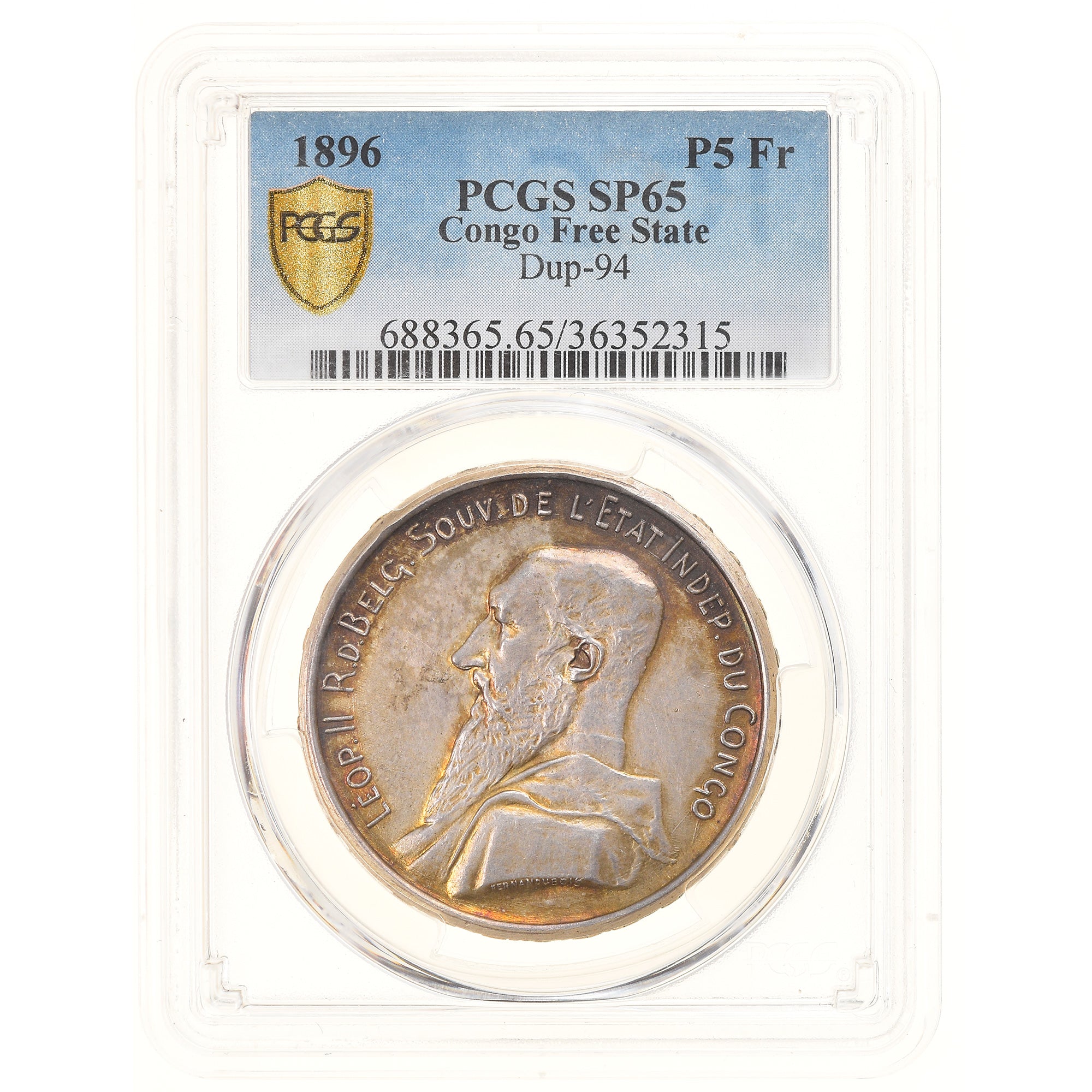 Coin, Belgium, 5 Francs, 1896, Extremely rare, PCGS, SP65, MS(65-70), Silver