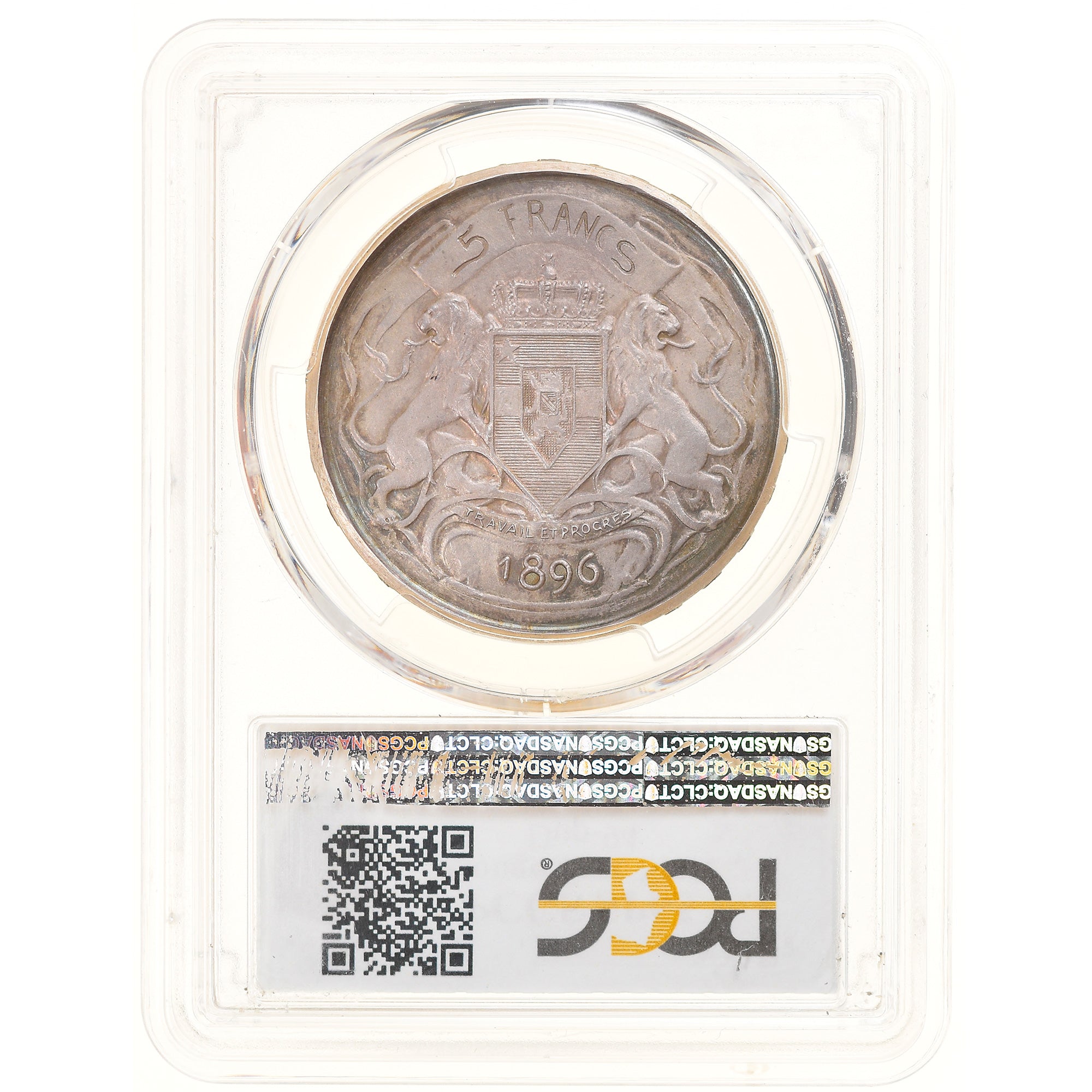 Coin, Belgium, 5 Francs, 1896, Extremely rare, PCGS, SP65, MS(65-70), Silver