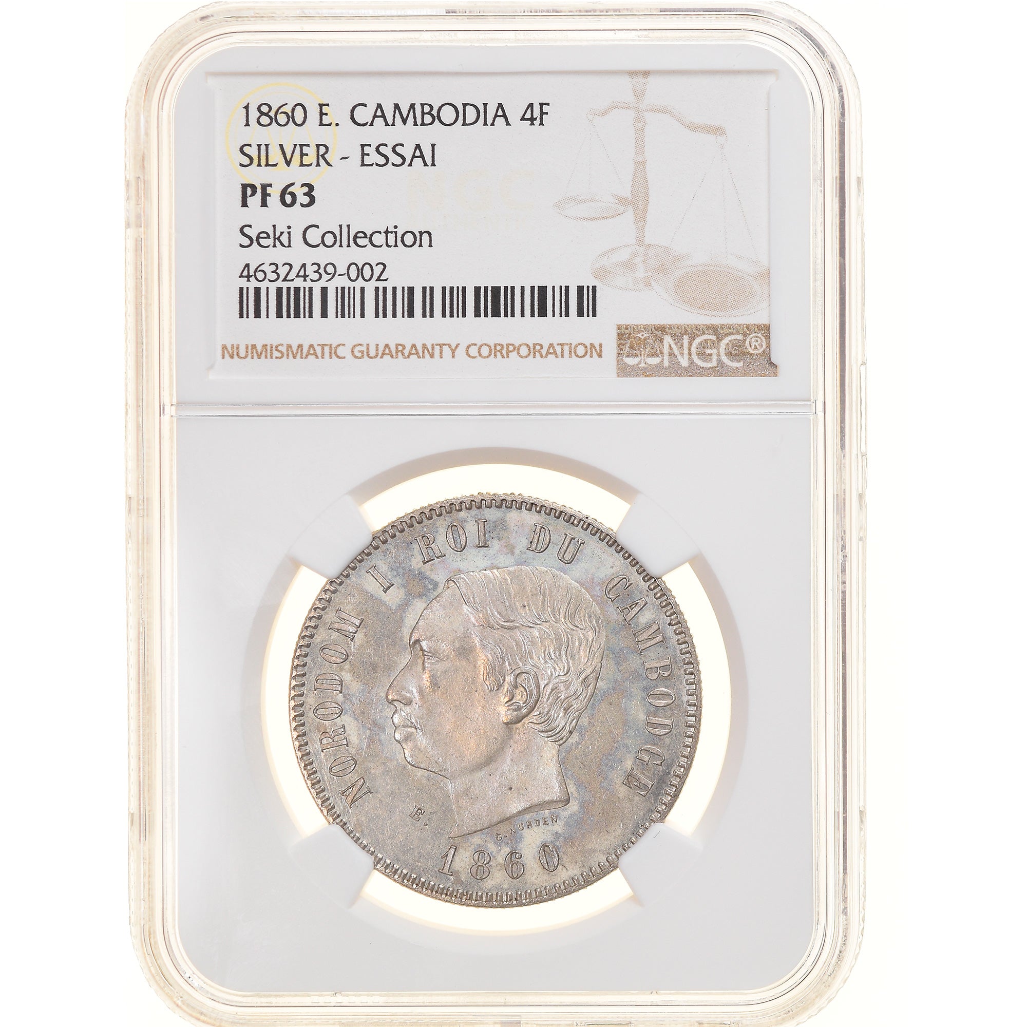 Coin, Cambodia, 4 Francs, 1860, ESSAI, NGC, PF63, MS(63), Silver, KM:E9, graded