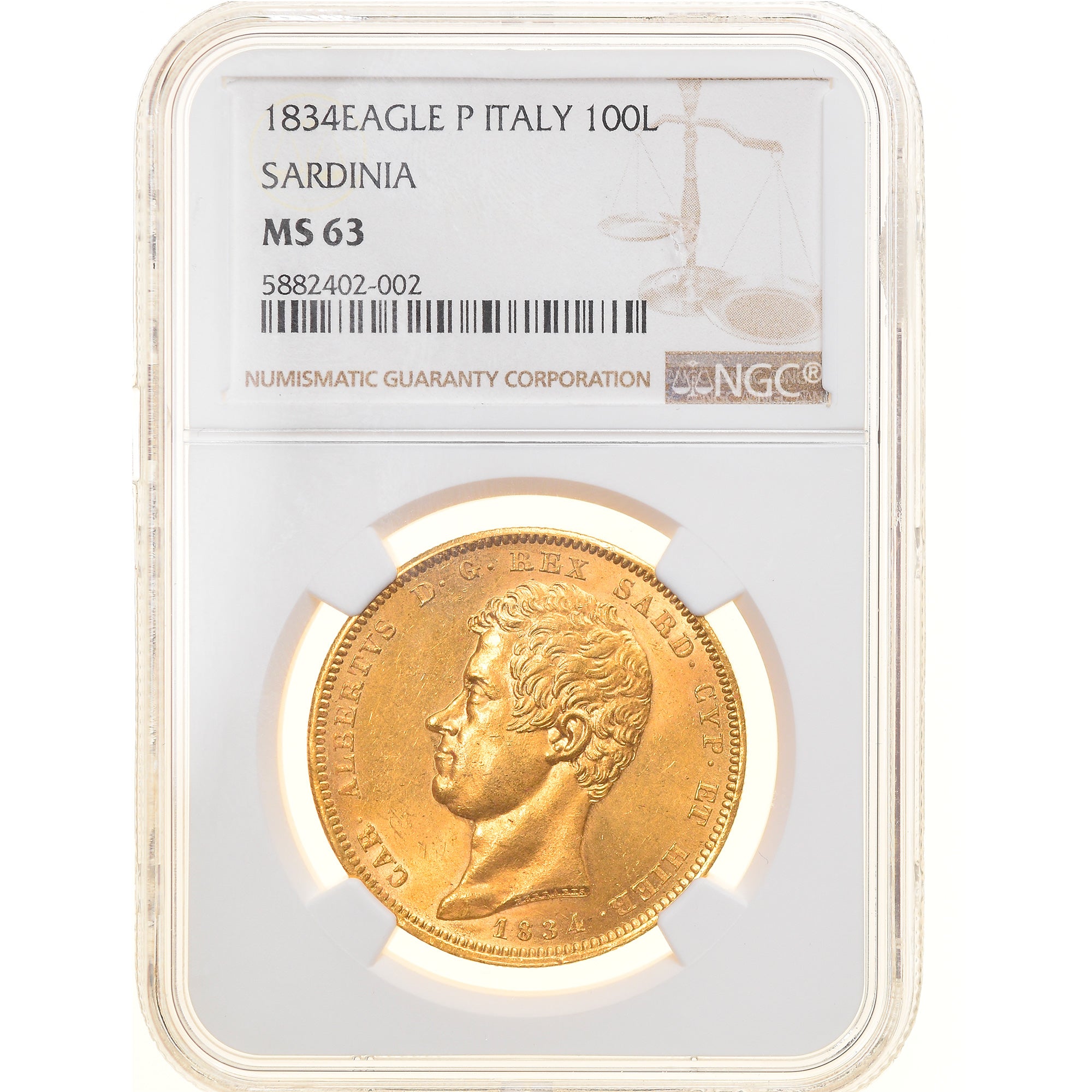 Kingdom of Sardinia, Carlo Alberto, 100 Lire, 1834, Torino, Gold, NGC, MS(63)