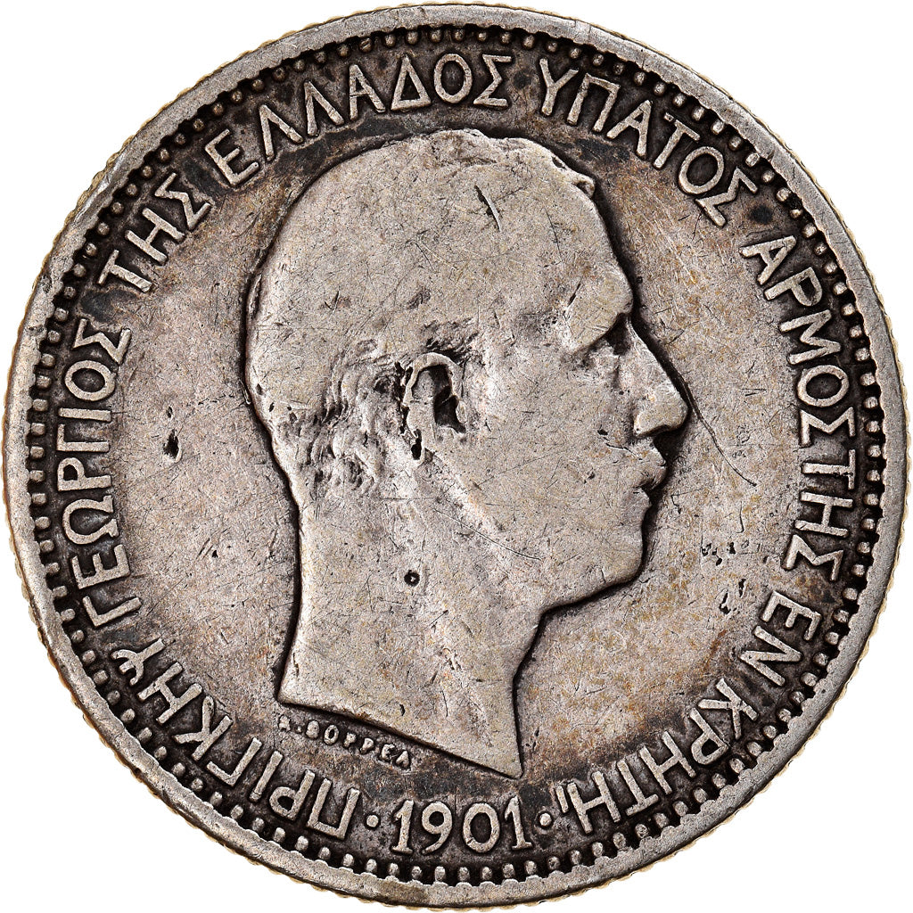 Moneda, Creta, Prince George, 2 Drachmai, 1901, Paris, BC+, Plata, KM:8