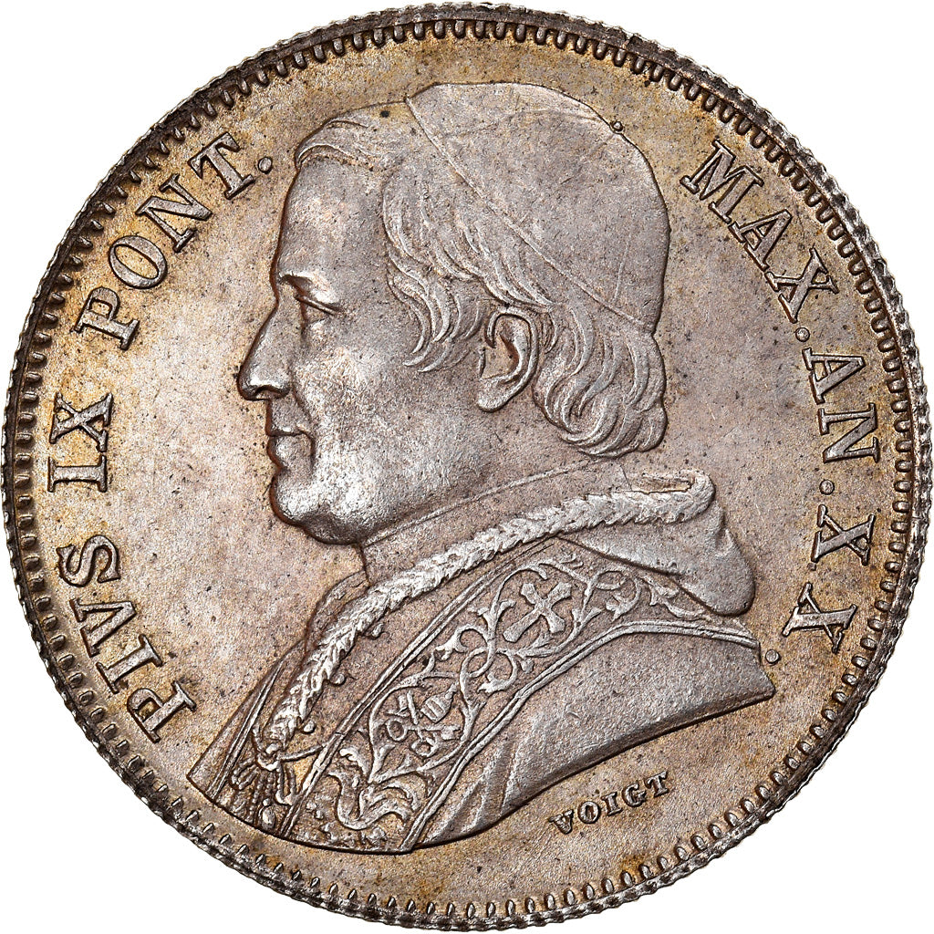 Coin, ITALIAN STATES, PAPAL STATES, Pius IX, 20 Baiocchi, 1865, Roma, MS(63)
