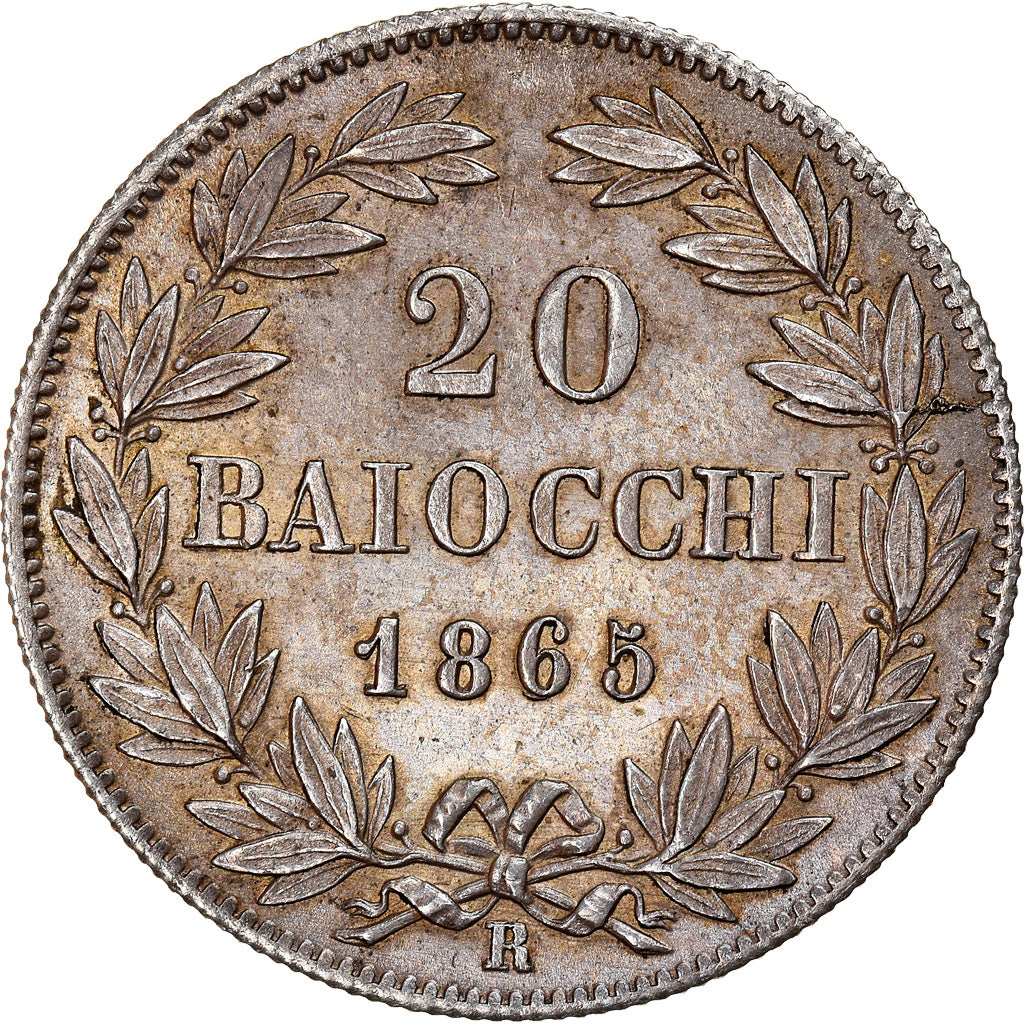Coin, ITALIAN STATES, PAPAL STATES, Pius IX, 20 Baiocchi, 1865, Roma, MS(63)