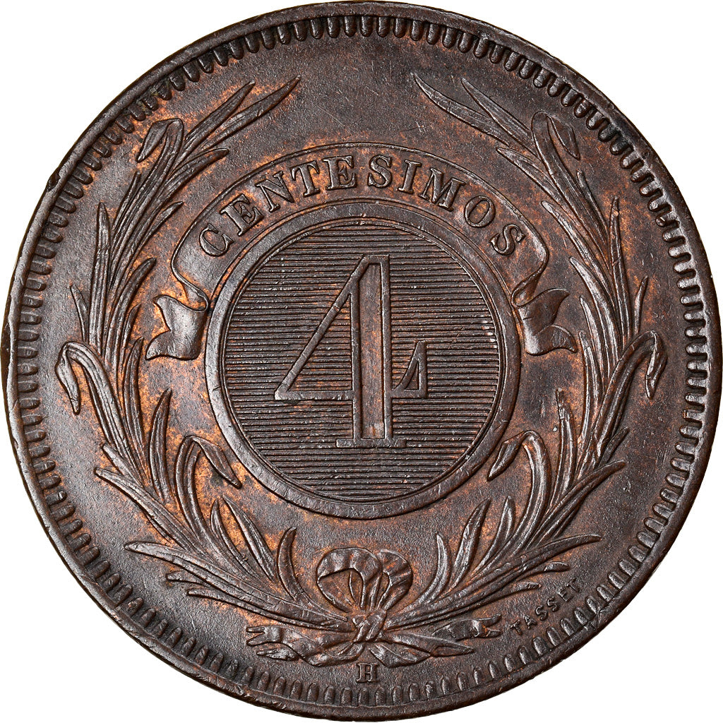 Coin, Uruguay, 4 Centesimos, 1869, Uruguay Mint, Birmingham, MS(60-62), Bronze