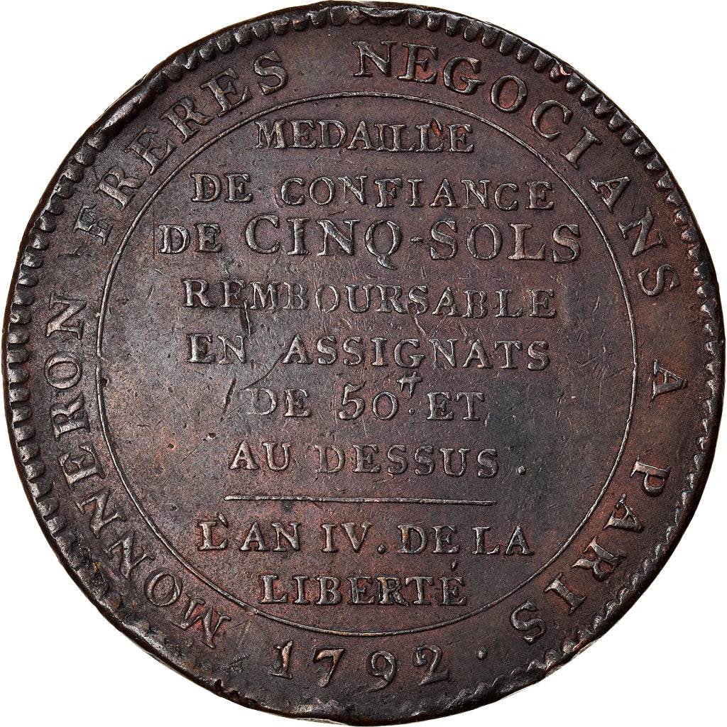 Coin, France, 5 Sols, 1792, Birmingham, AU(50-53), Bronze, KM:Tn31