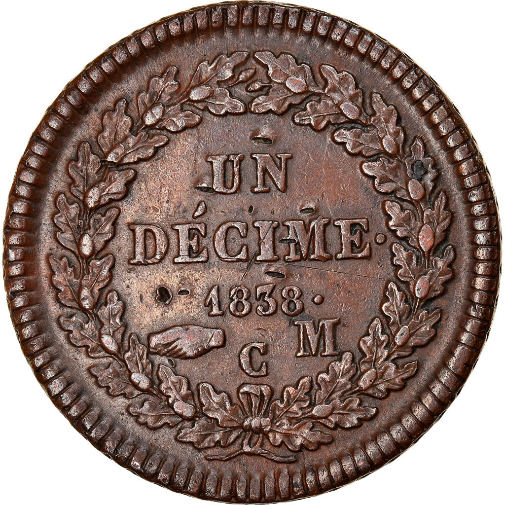Moneta, Monaco, Honore V, Decime, 1838, Monaco, MB, Rame, KM:97.1, Gadoury:105