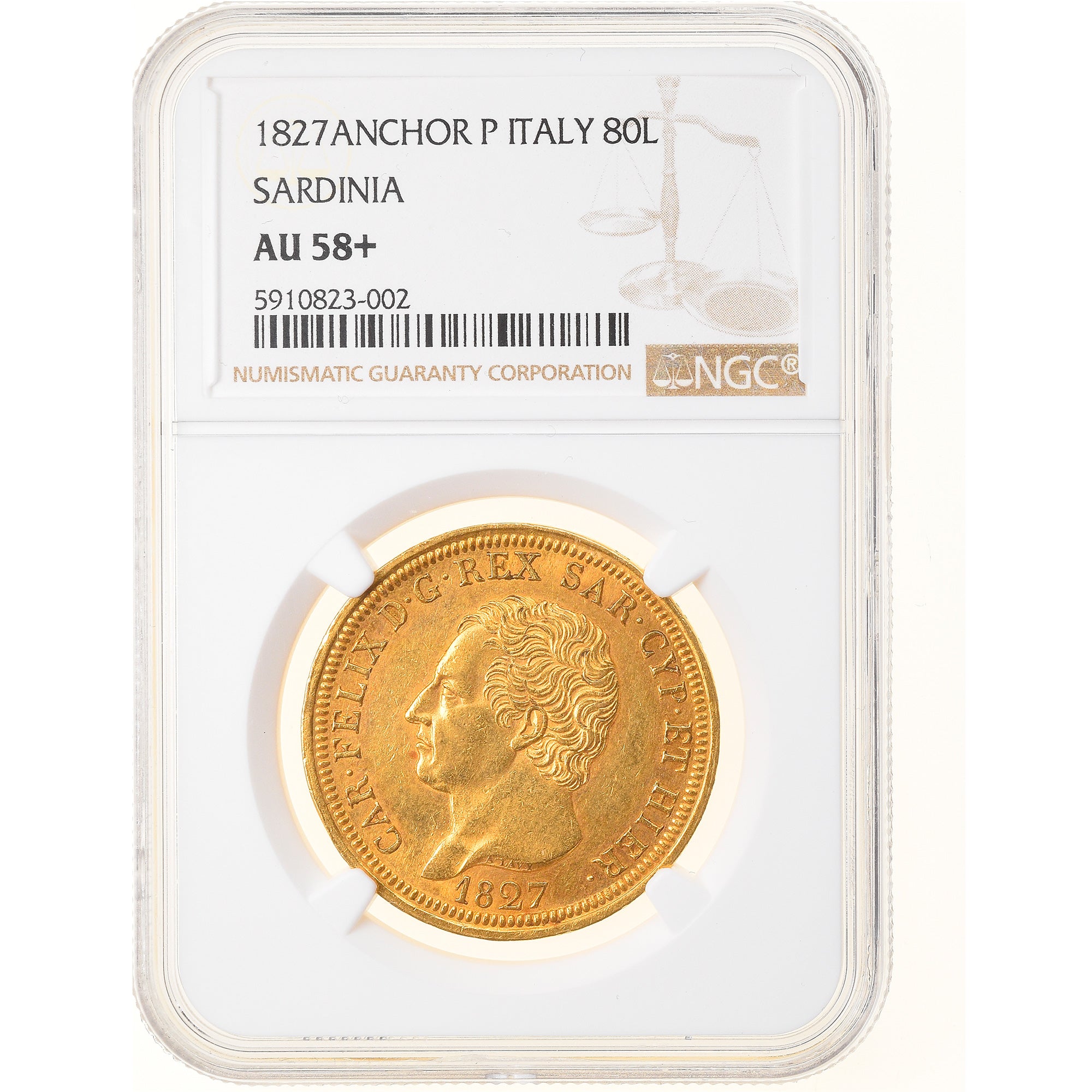 Coin, ITALIAN STATES, SARDINIA, Carlo Felice, 80 Lire, 1827, Genoa, NGC, AU58+