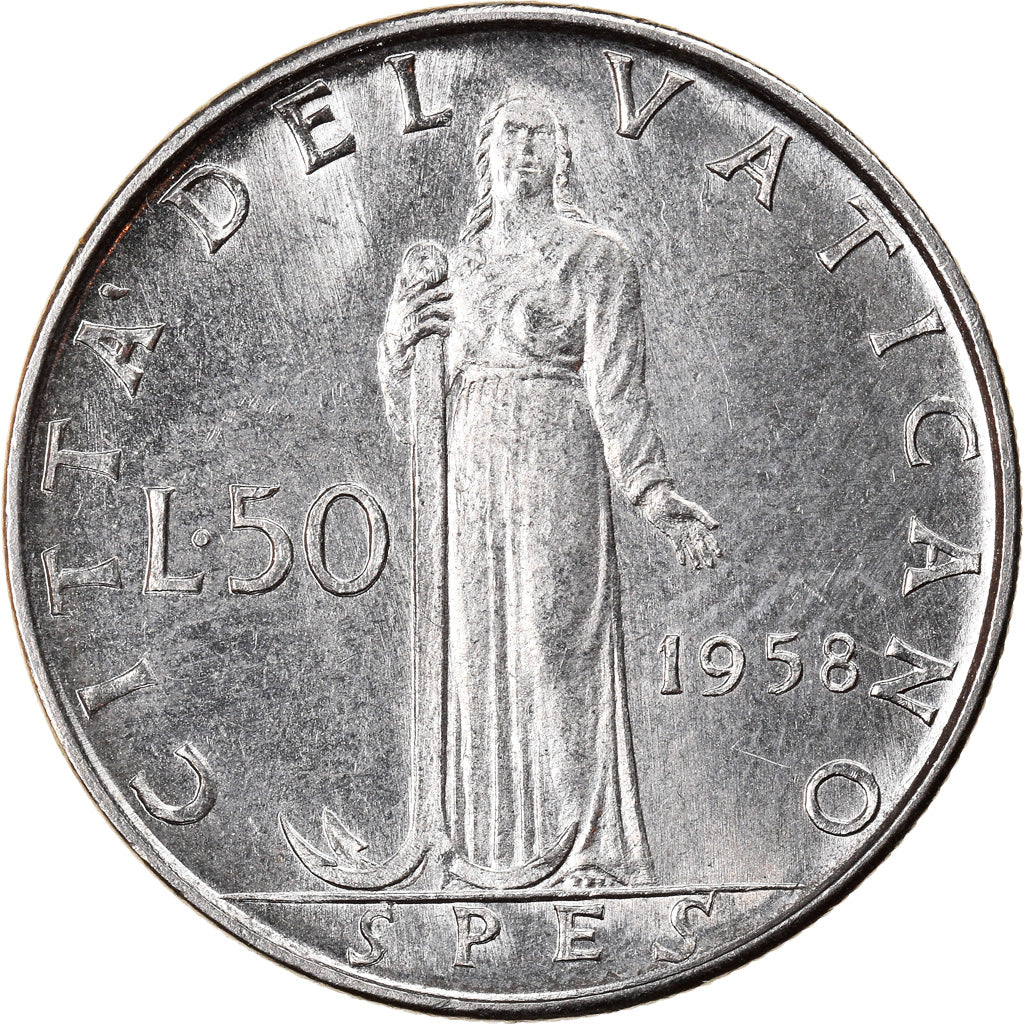 Coin, VATICAN CITY, Pius XII, 50 Lire, 1958, Roma, MS(65-70), Stainless Steel