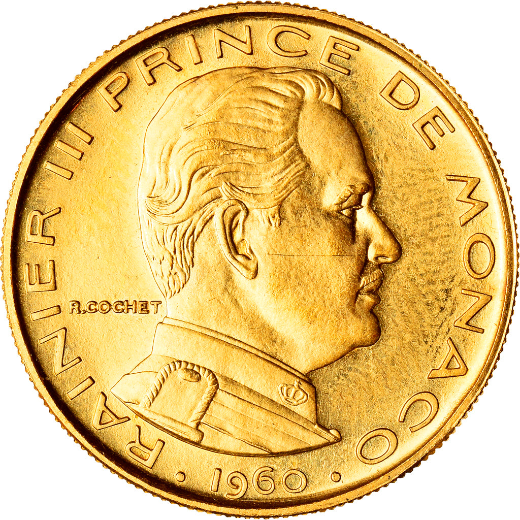 Moeda, Mónaco, Rainier III, Franc, 1960, Paris, ENSAIO, MS(63), Dourado, KM:E40