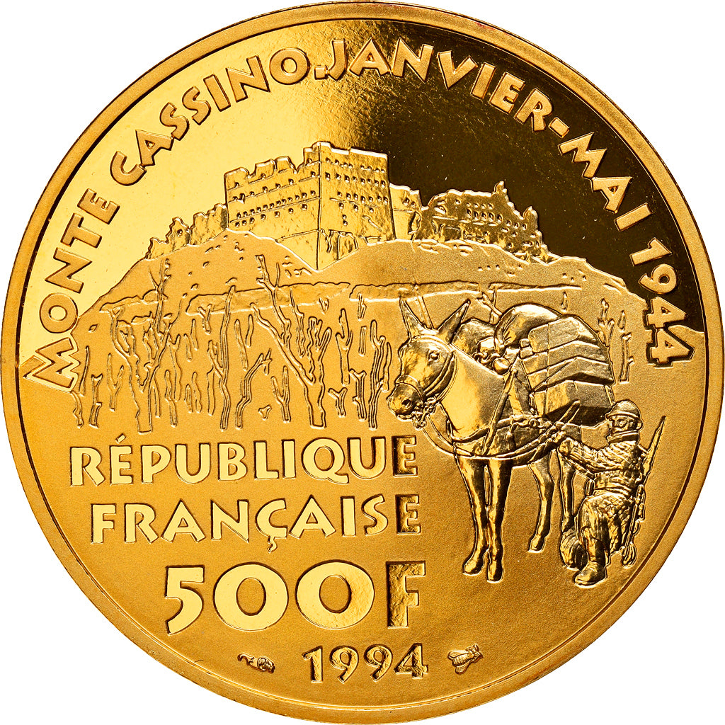 Coin, France, Monte Cassino, 500 Francs, 1994, Paris, MS(65-70), Gold, KM:1053
