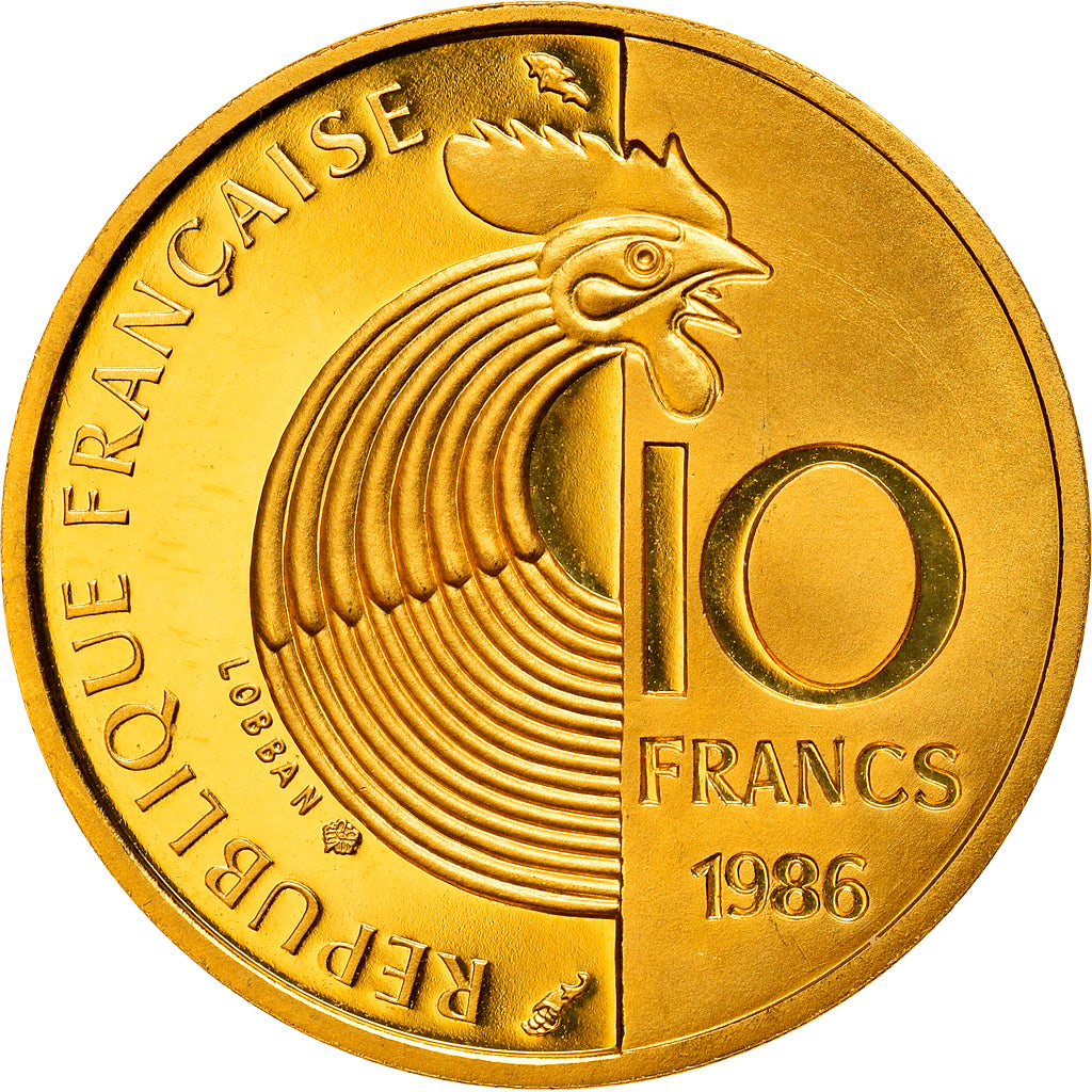 Moneta, Francja, Schuman, 10 Francs, 1986, MS(65-70), Złoto, KM:958c