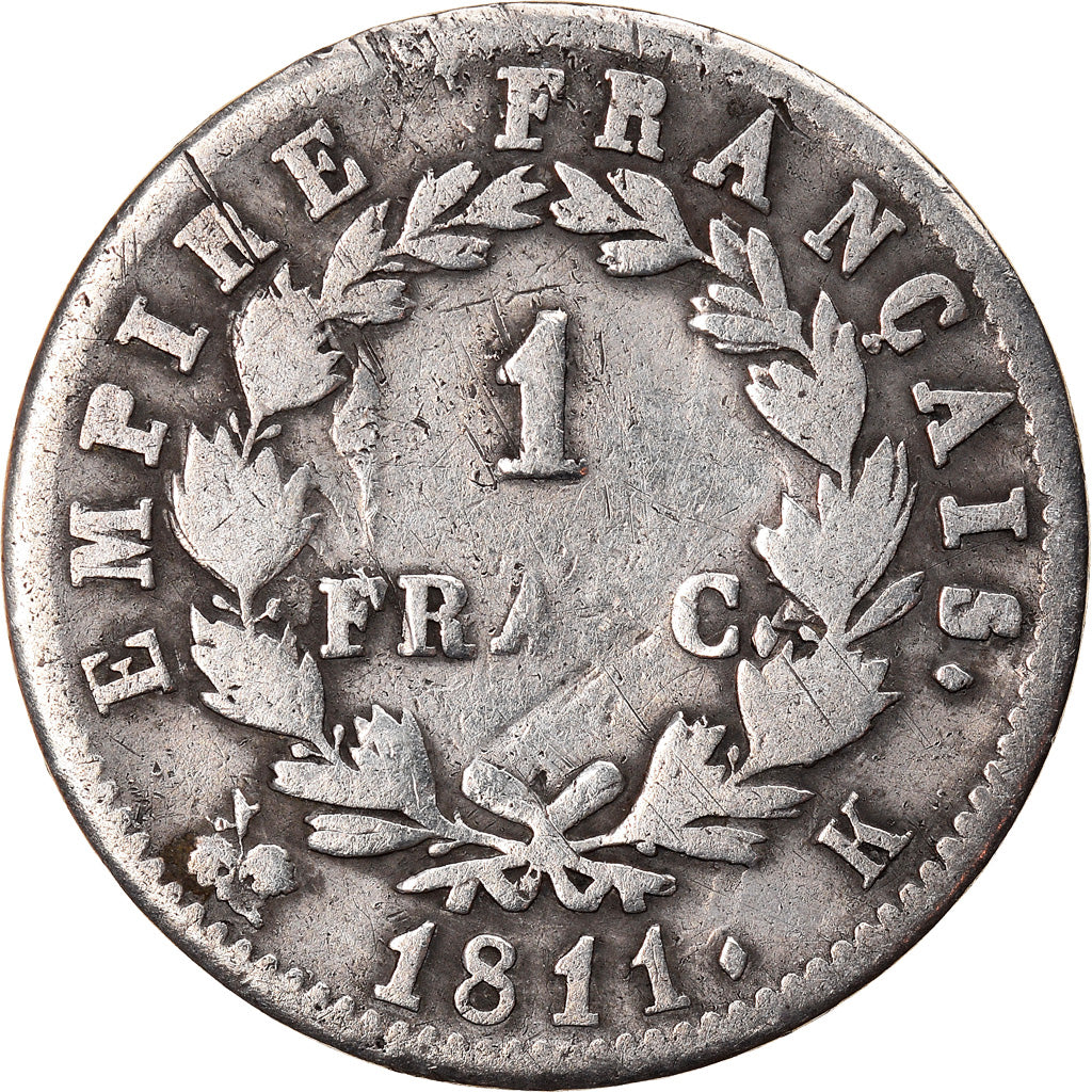 Moneta, Francia, Napoléon I, Franc, 1811, Bordeaux, MB, Argento, KM:692.8