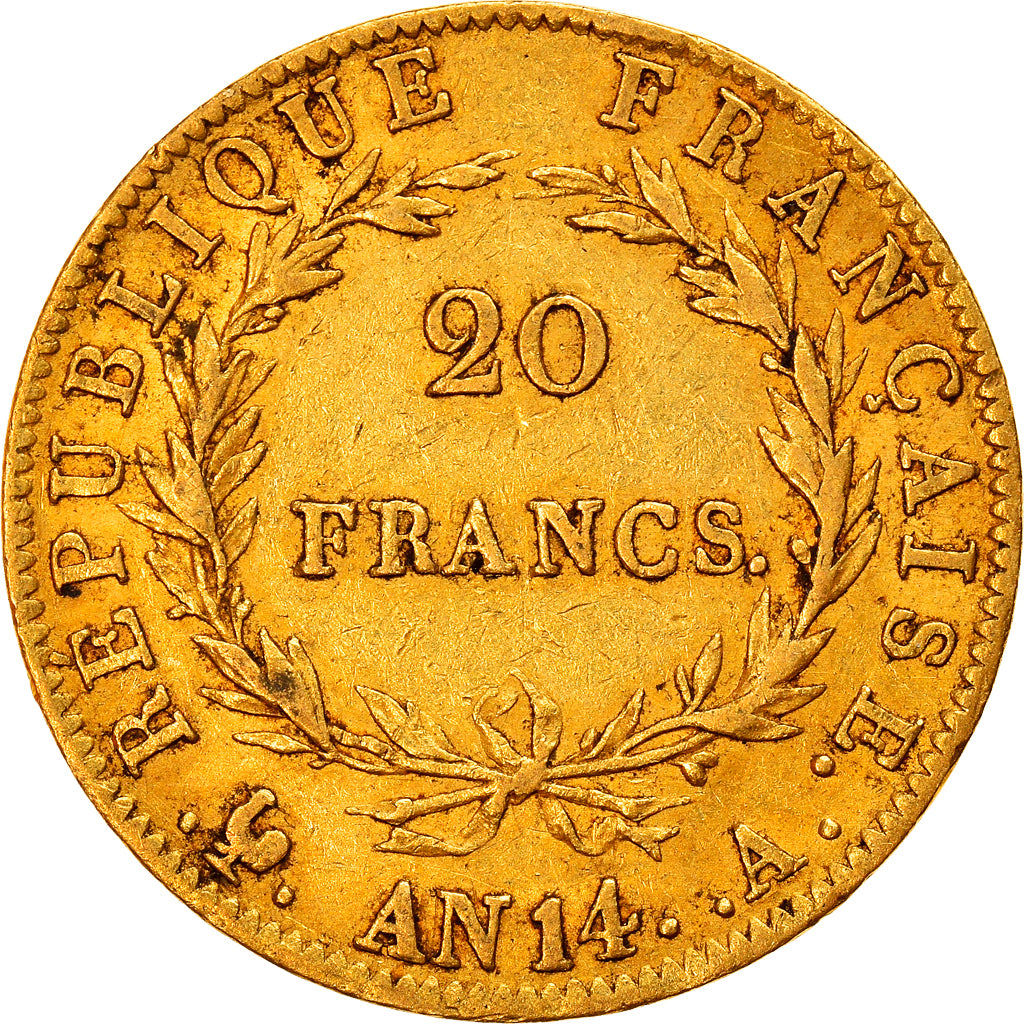 Moneta, Francia, Napoléon I, 20 Francs, AN 14, Paris, BB+, Oro, KM:663.1