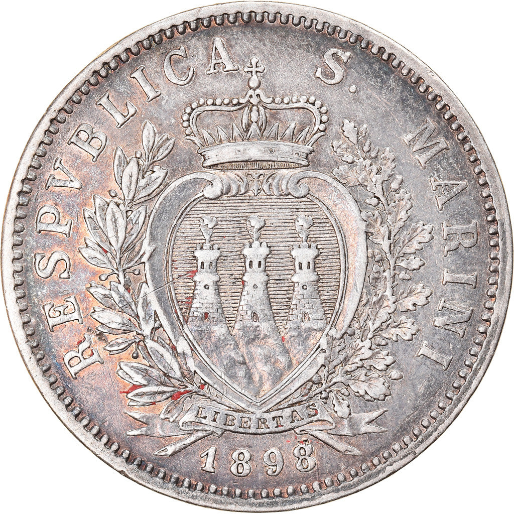 Coin, San Marino, 5 Lire, 1898, Rome, AU(50-53), Silver, KM:6