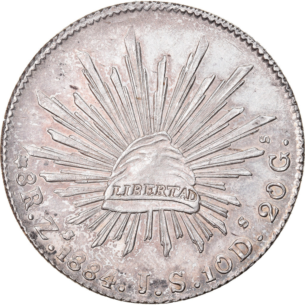 Moeda, México, 8 Reales, 1884, Zacatecas, MS(63), Prata, KM:377.13