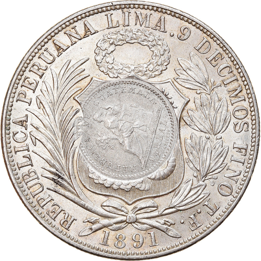 Moneta, Peru, SOUTH PERU, Sol, 1891, Santiago, Guatemala Countermark, MS(60-62)
